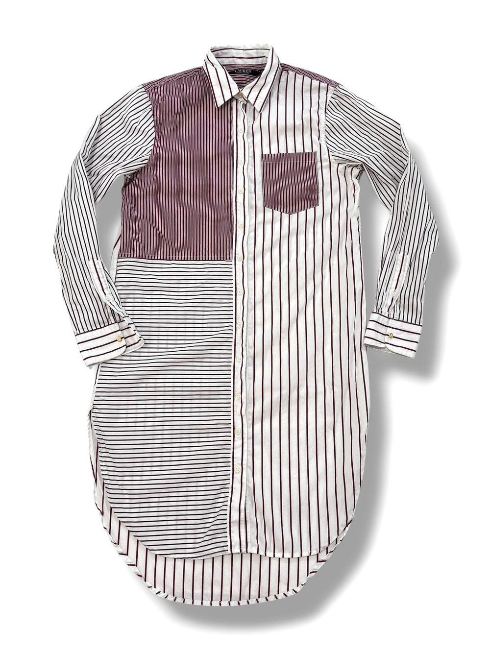 Lauren Ralph Lauren Mixed Stripe Shirtdress Pocket Hi/low Long Sleeve Red White